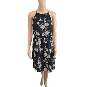 Eyeshadow medium halter black chiffon chinch waist floral sleeveless dress flowy